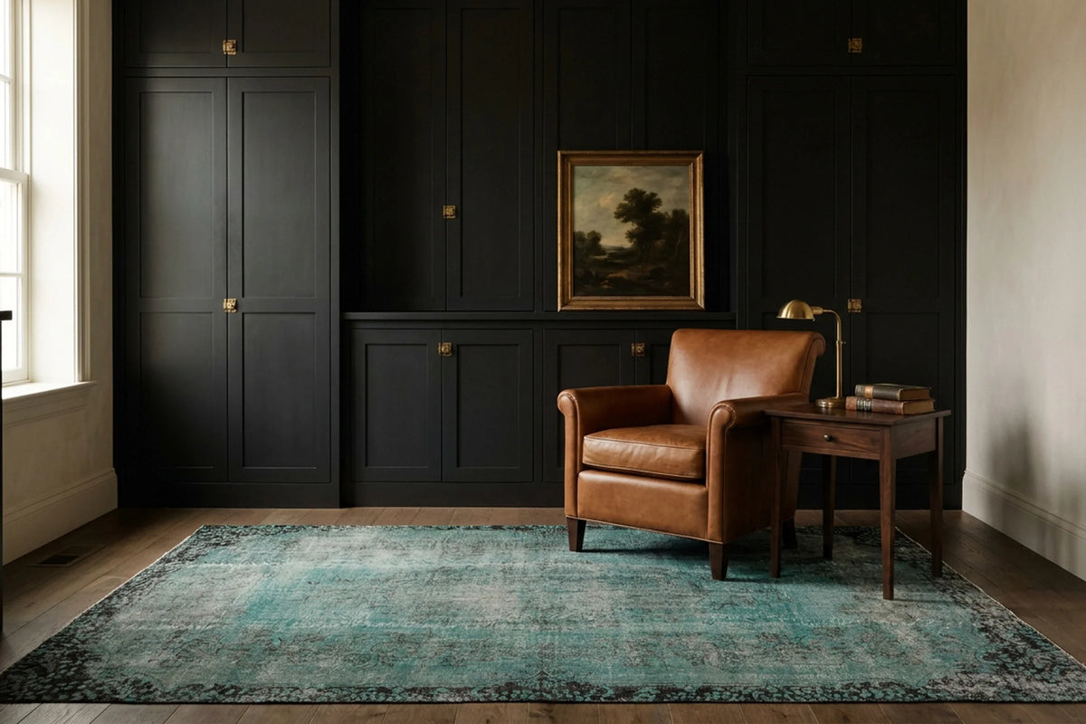 Blue Turkish rug in a styled room