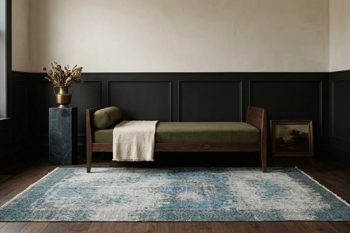 Blue Turkish rug in a styled room