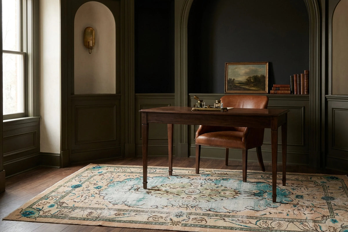 Blue Turkish rug in a styled room