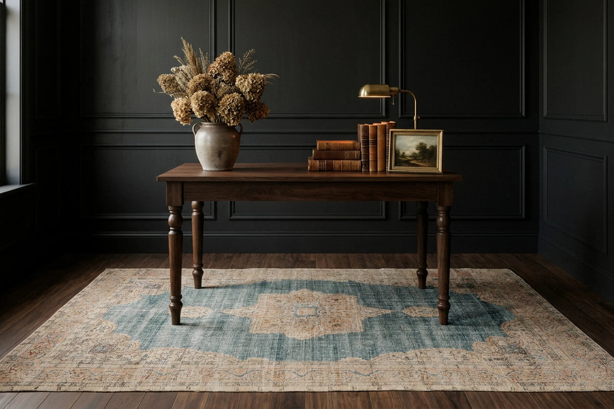 Blue Turkish rug in a styled room