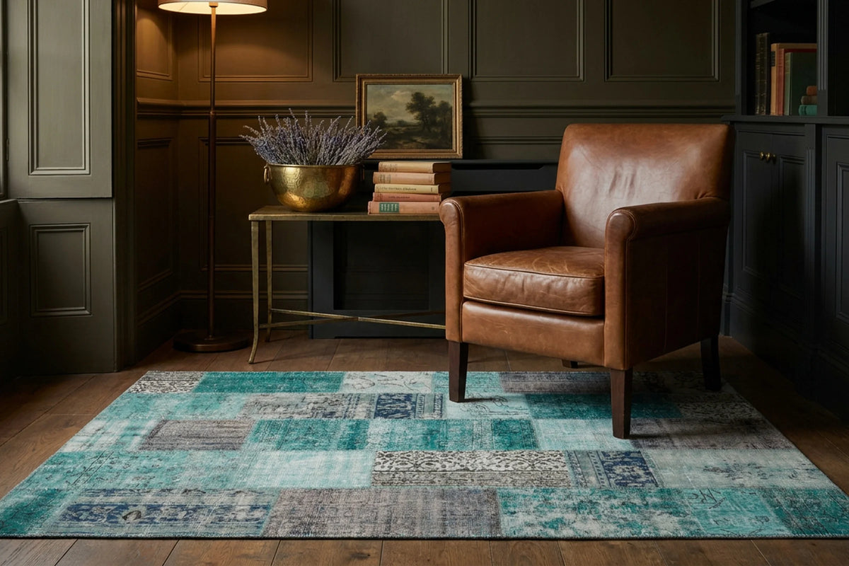 Blue Turkish rug in a styled room