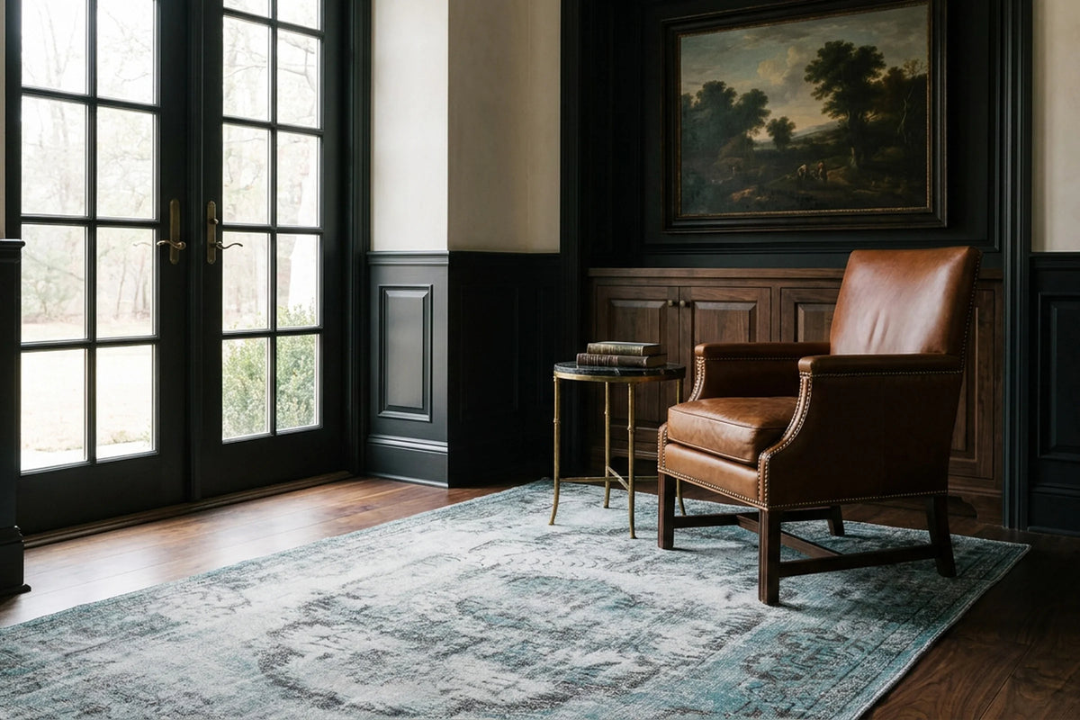 Blue Turkish rug in a den