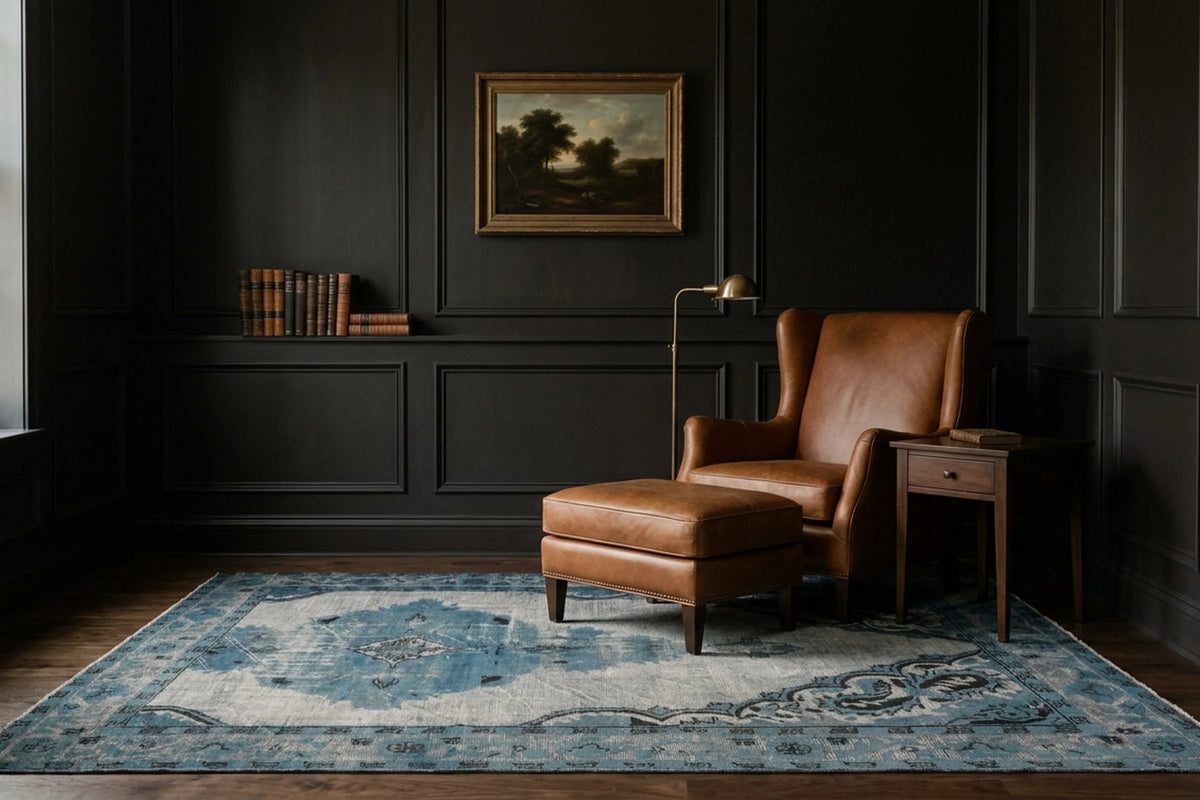 Blue Turkish rug in a styled room