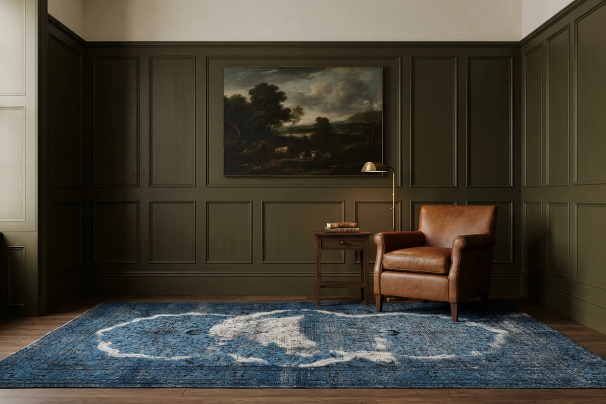 Blue Turkish rug in a den