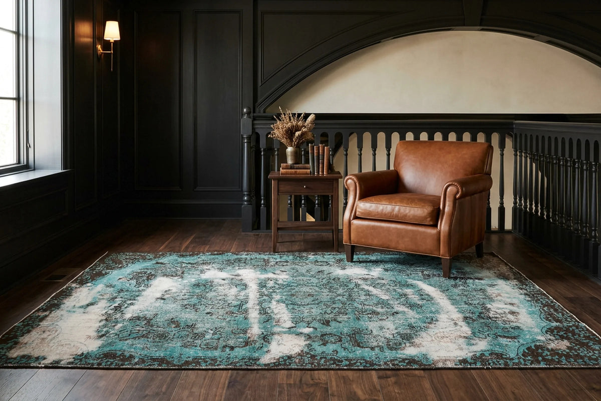 Blue Turkish rug in a library