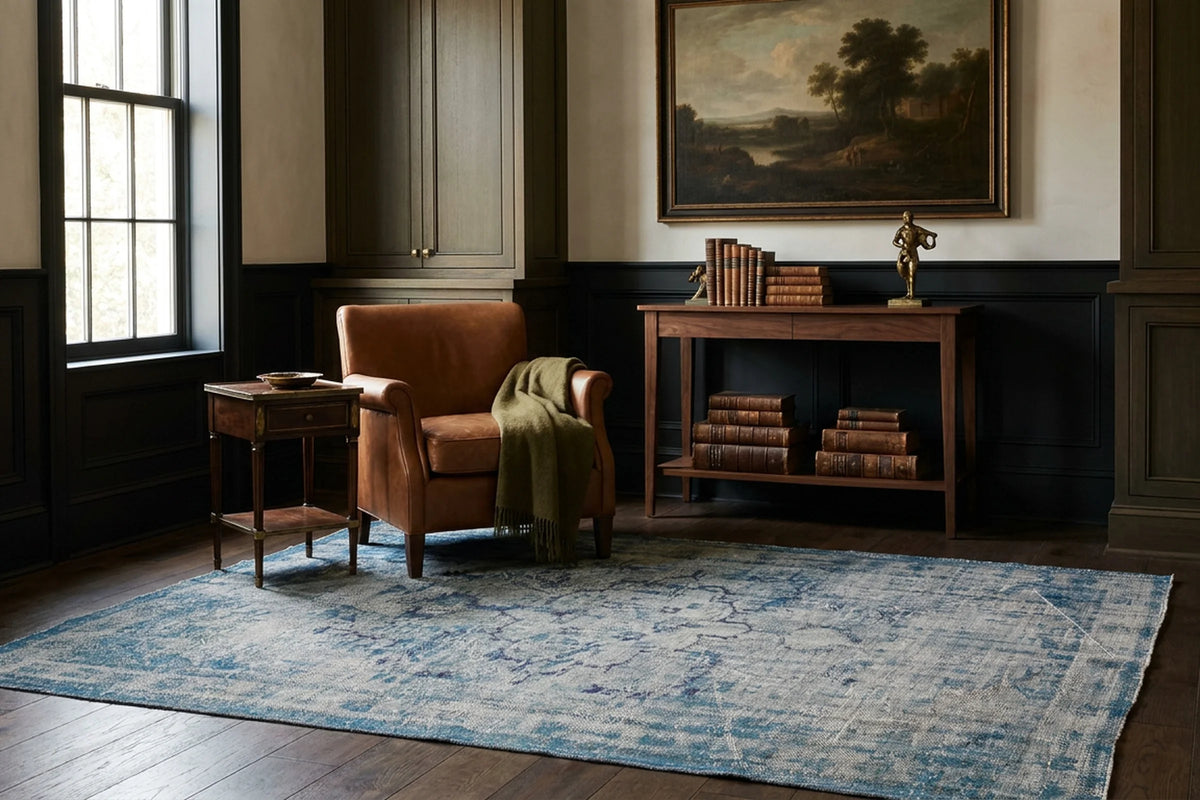 Blue Turkish rug in a styled room