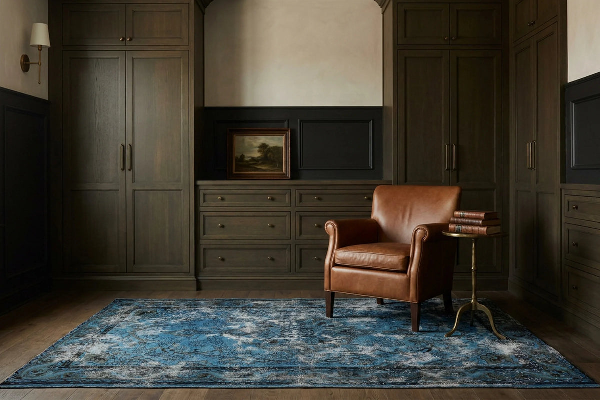 Blue Turkish rug in a styled room