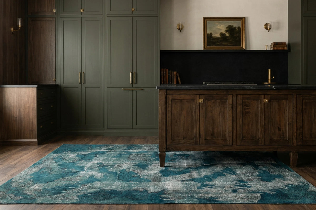 Blue Turkish rug in a styled room