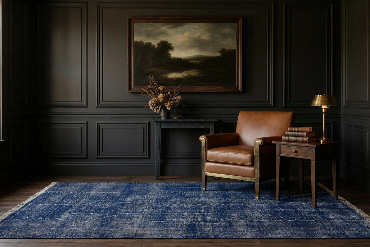 Blue Turkish rug in a styled room