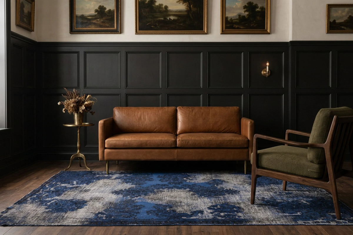 Blue Turkish rug in a styled room
