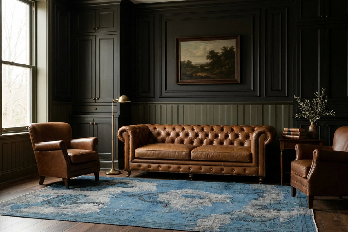 Blue Turkish rug in a styled room