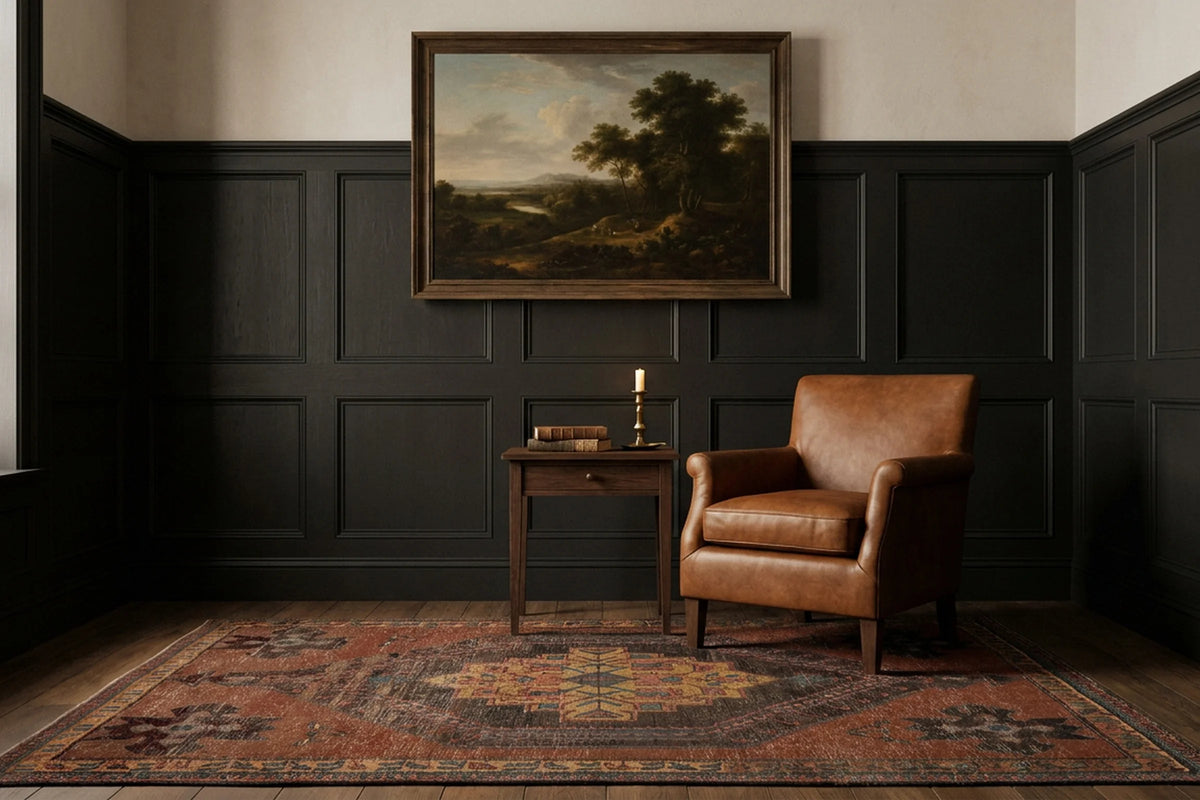 Brown Persian rug in a styled room