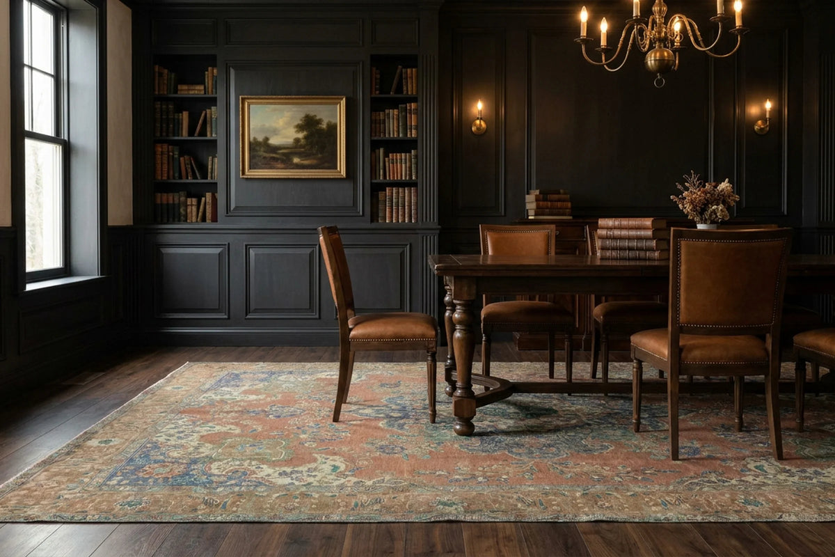 Brown Persian rug in a dining room