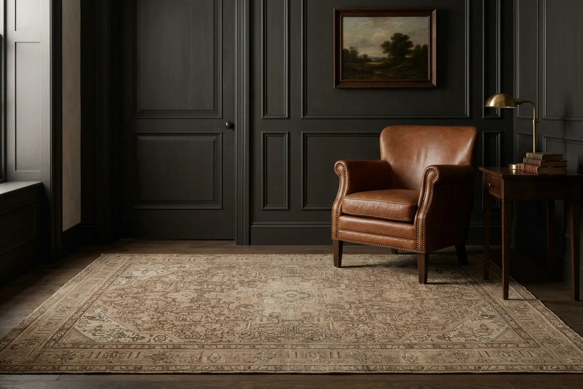 Brown Persian rug in a conservatory