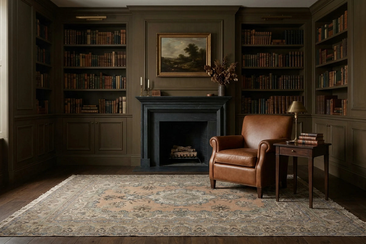 Brown Persian rug in a study