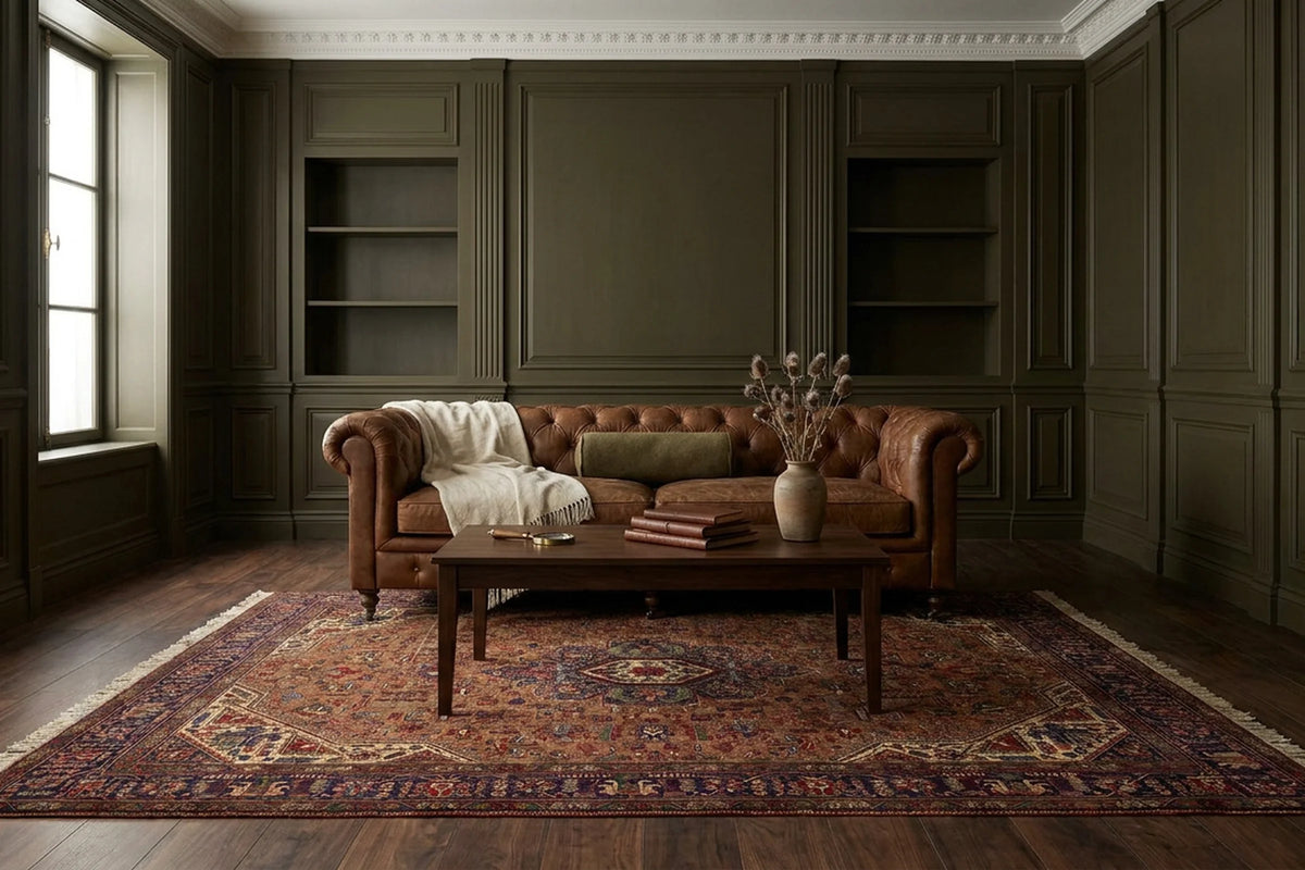 Brown rug in a styled room