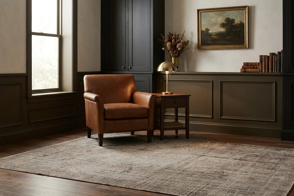 Brown Turkish rug in a den