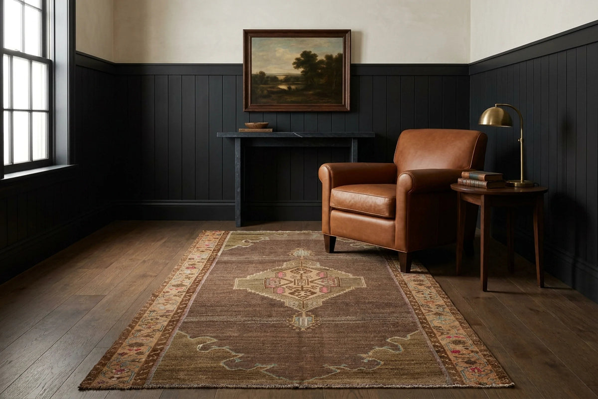 Brown Turkish rug in a styled room