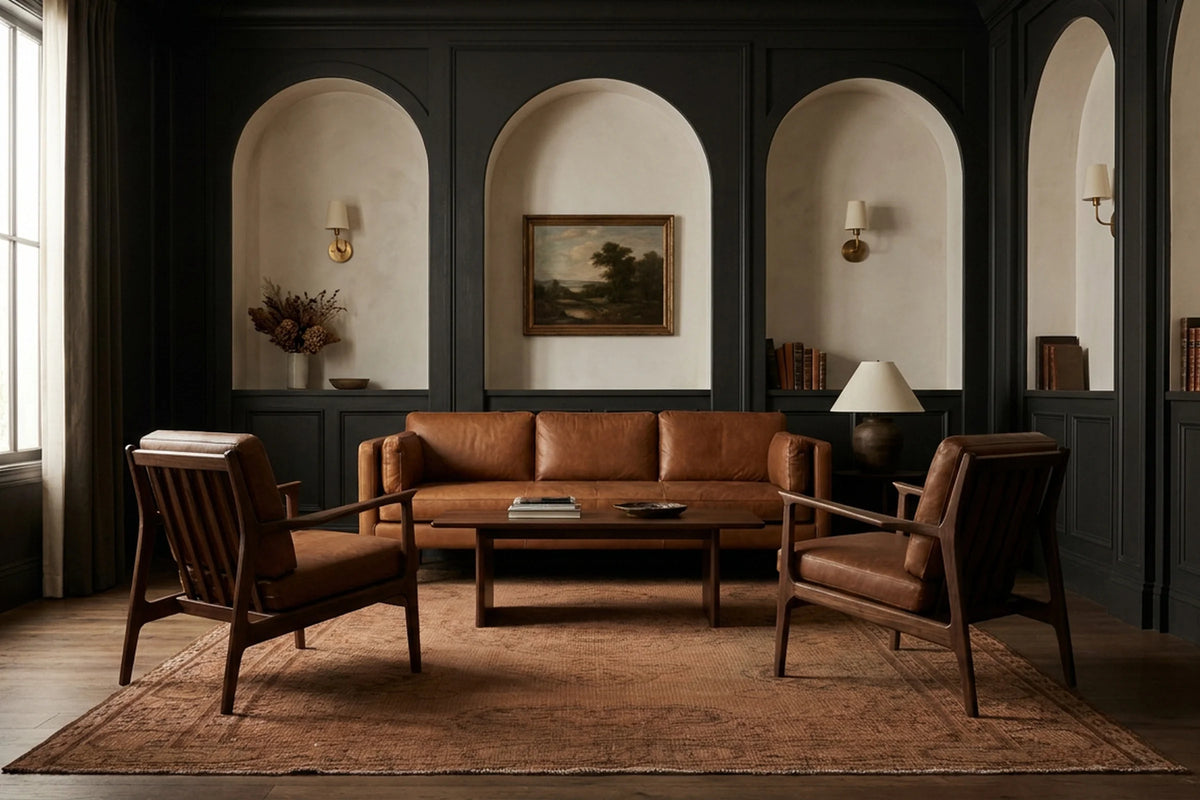 Brown Turkish rug in a library