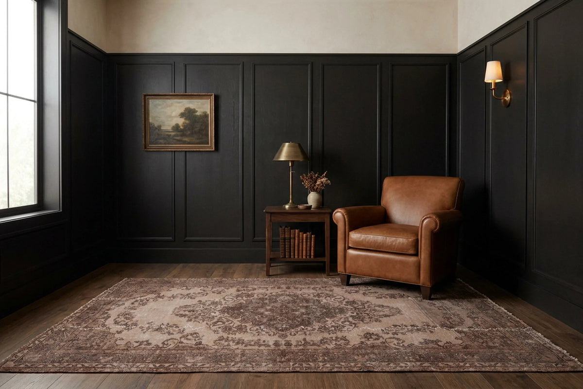 Brown Turkish rug in a styled room