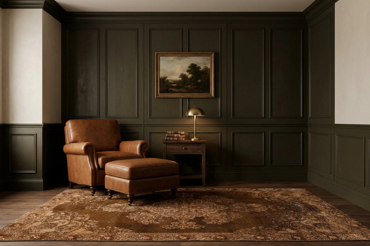 Brown Turkish rug in a bedroom