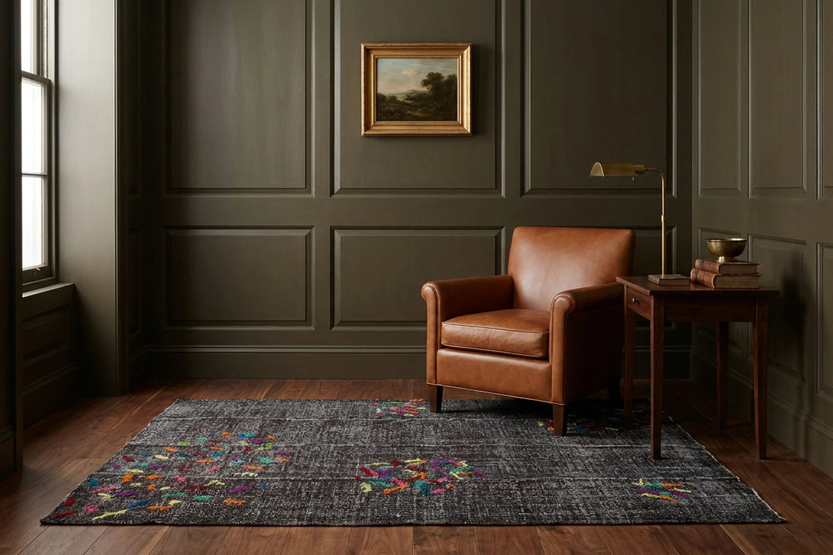 Brown Turkish rug in a library
