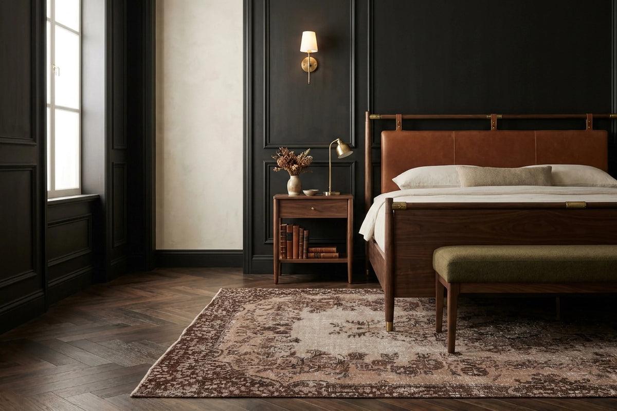 Brown Turkish rug in a bedroom