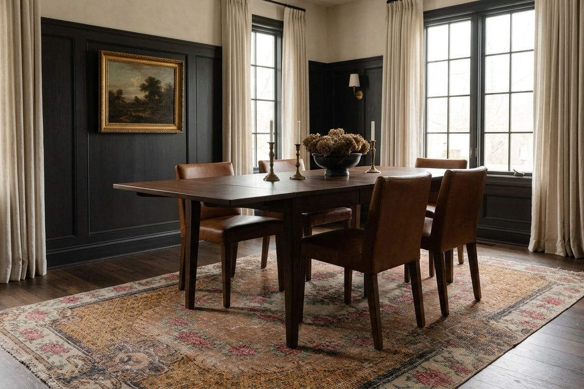 Brown Turkish rug in a dining room