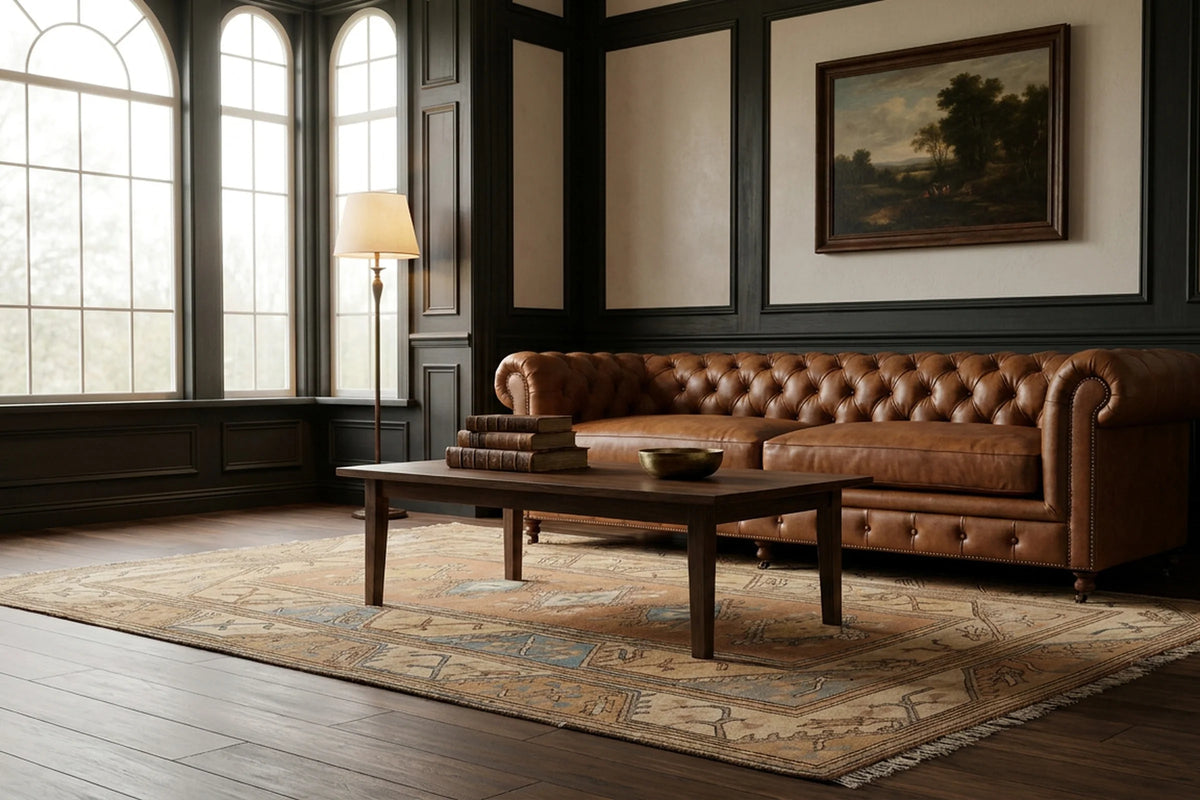 Brown Turkish rug in a conservatory