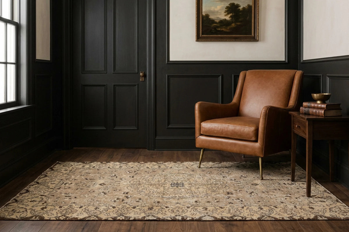 Brown Turkish rug in a styled room