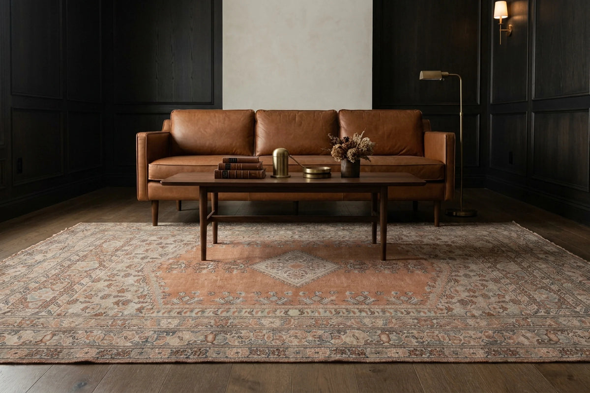 Brown Turkish rug in a styled room