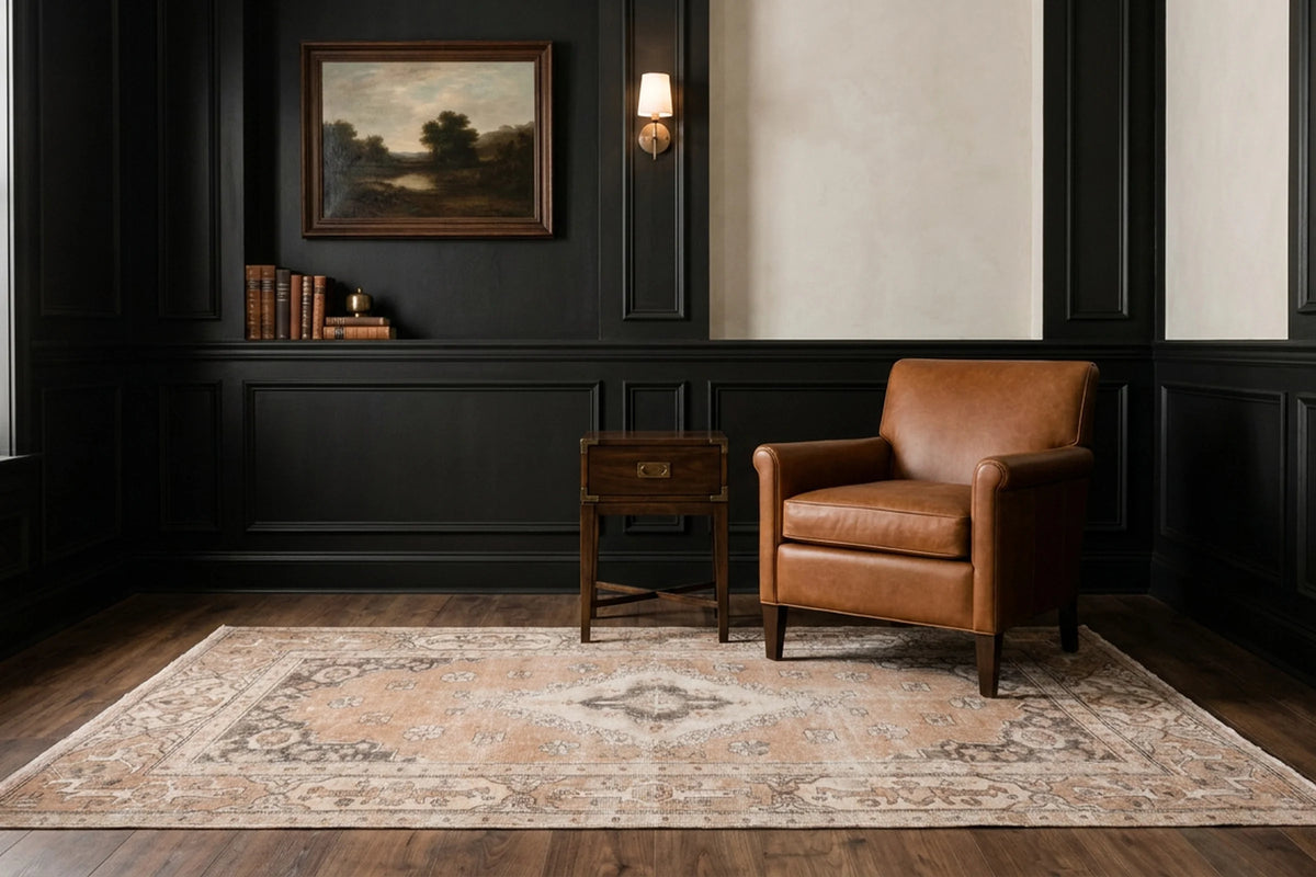 Brown Turkish rug in a styled room