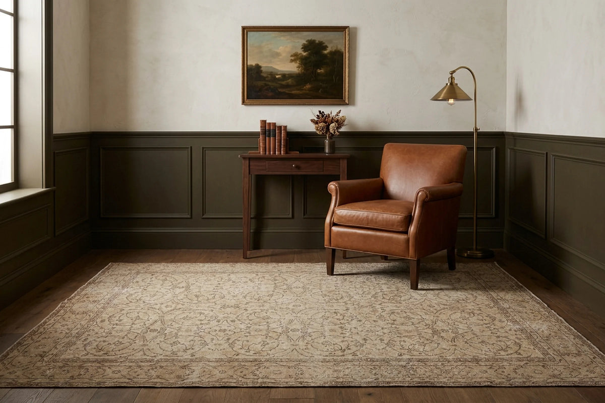 Brown Turkish rug in a styled room