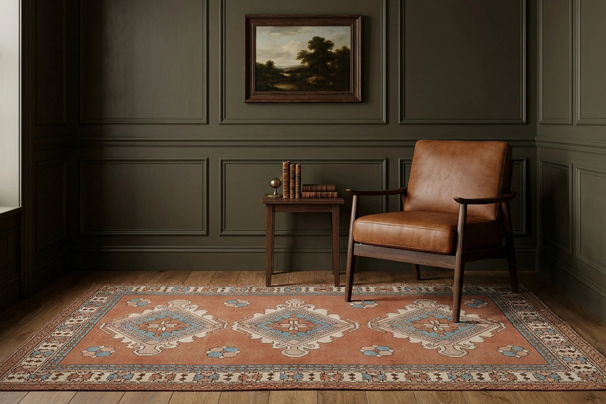 Brown Turkish rug in a library