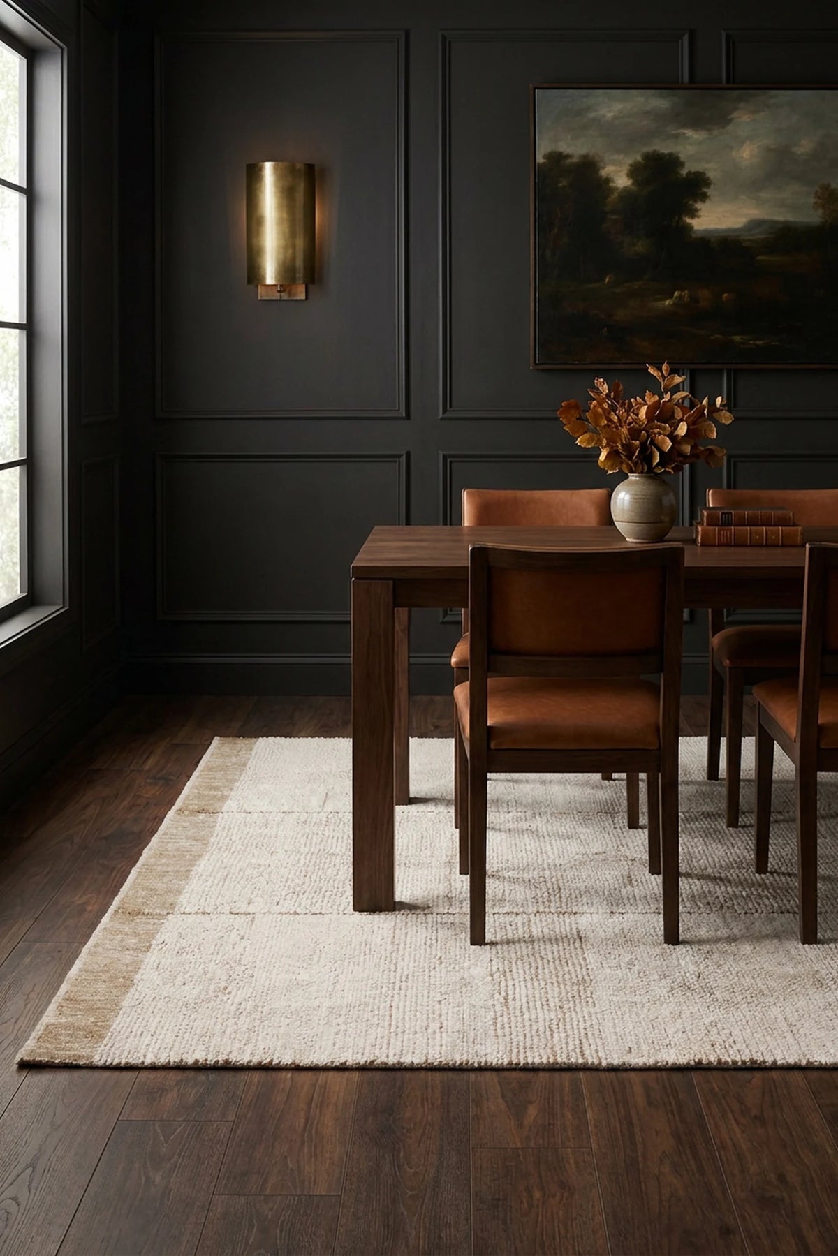 Dark Mustard Shaggy Wool area rug in a dining room