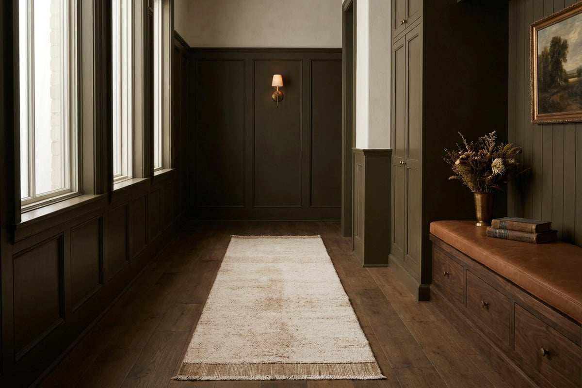 Dark Mustard Shaggy Wool runner rug in a den