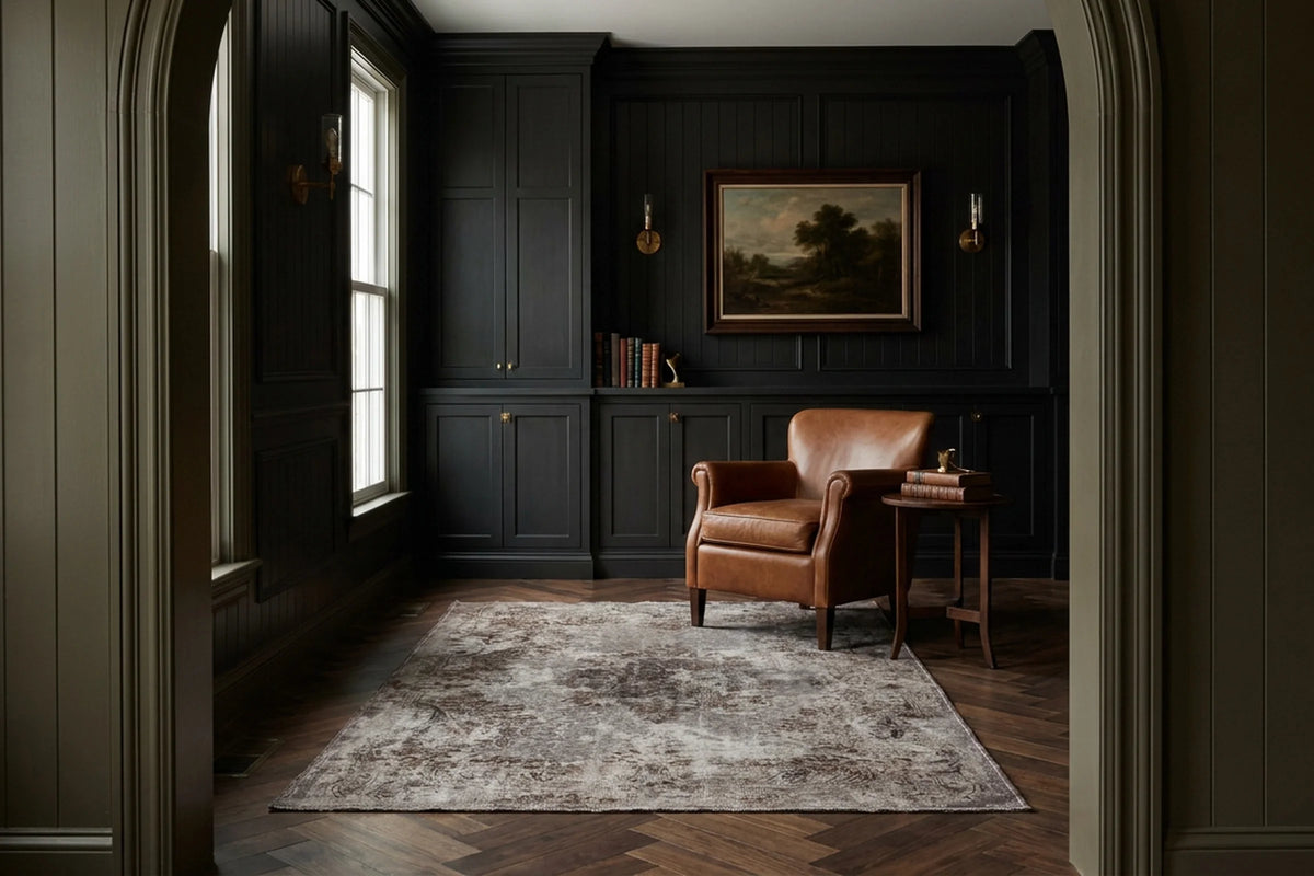 Gray Turkish rug in a styled room