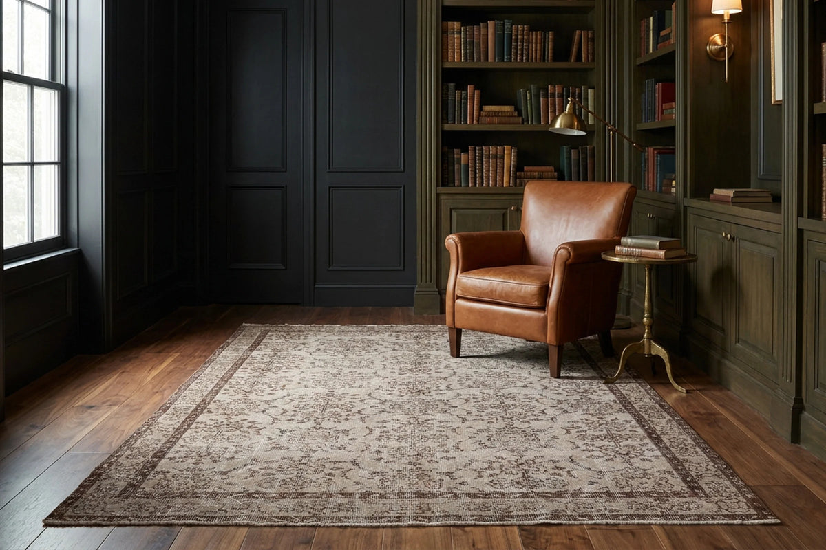 Gray Turkish rug in a library