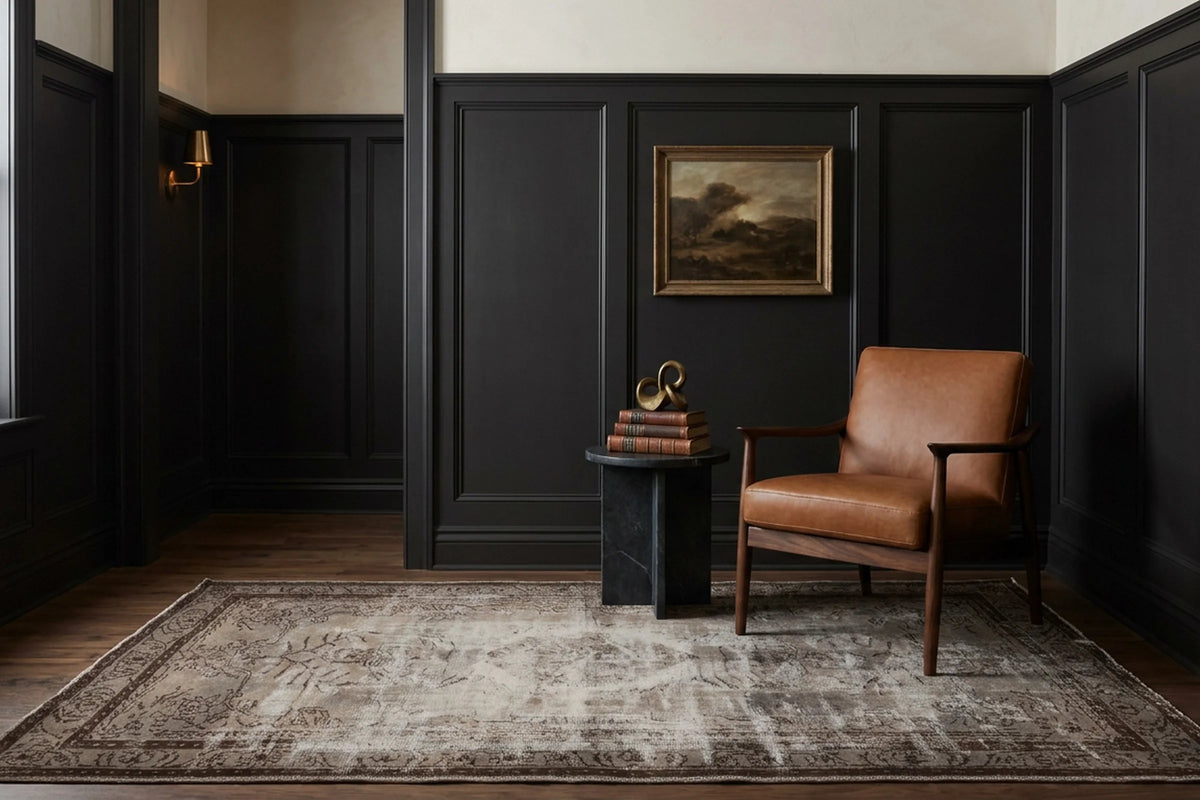 Gray Turkish rug in a styled room