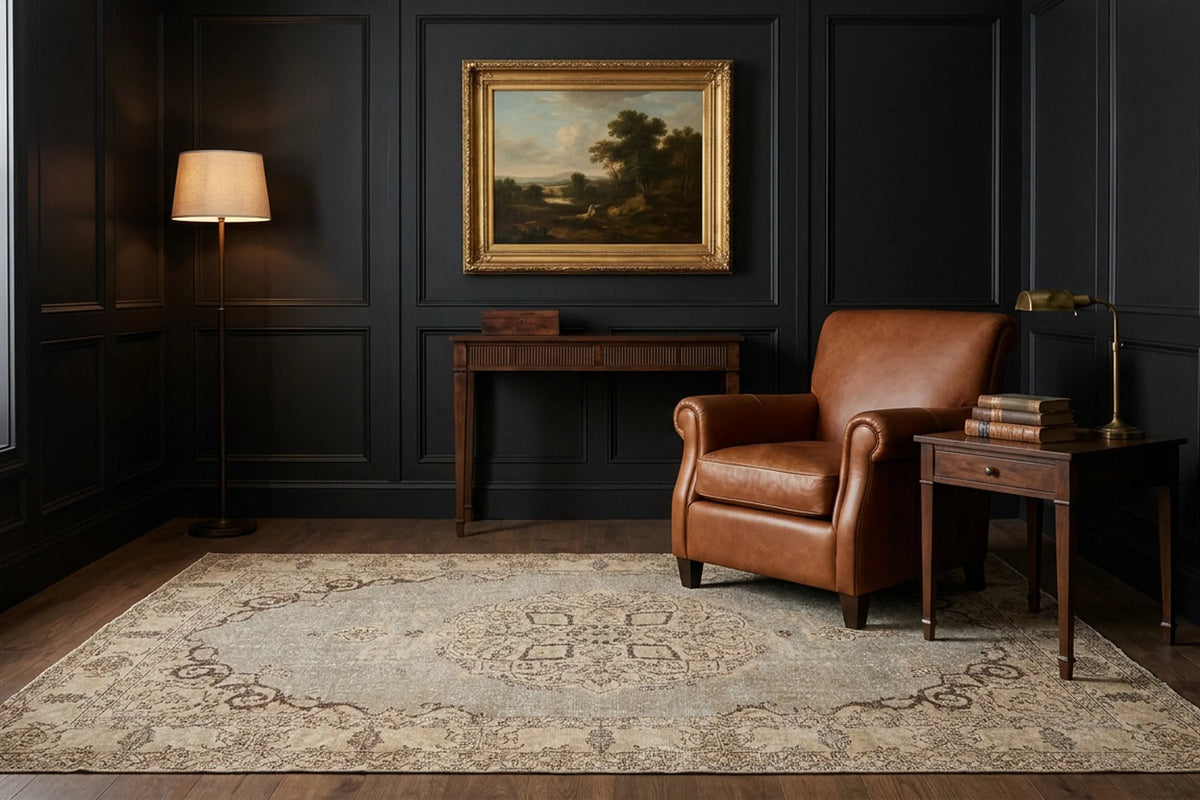 Gray Turkish rug in a styled room