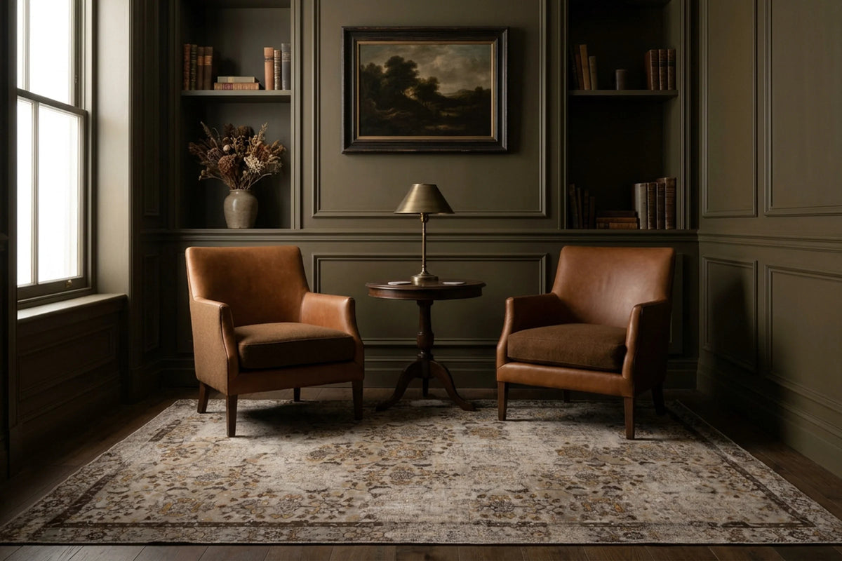 Gray Turkish rug in a styled room