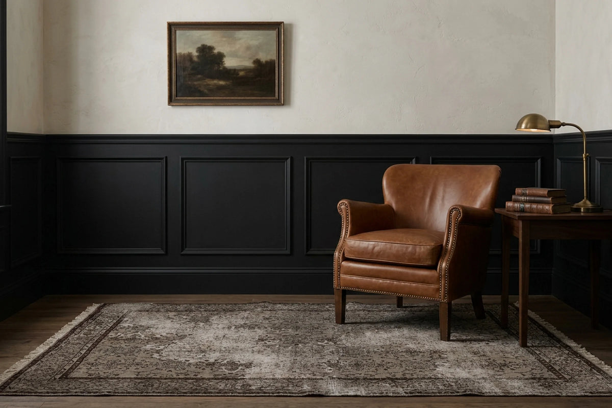 Gray Turkish rug in a styled room