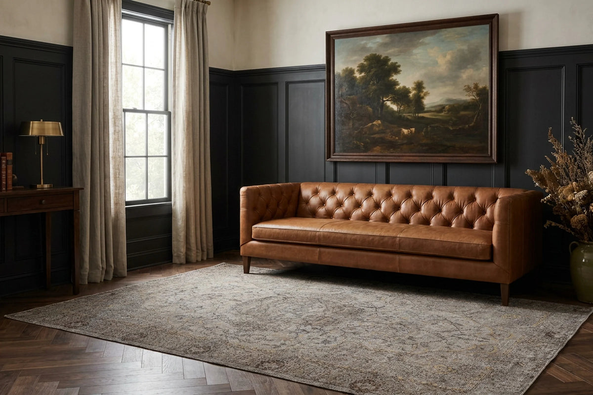 Gray Turkish rug in a styled room