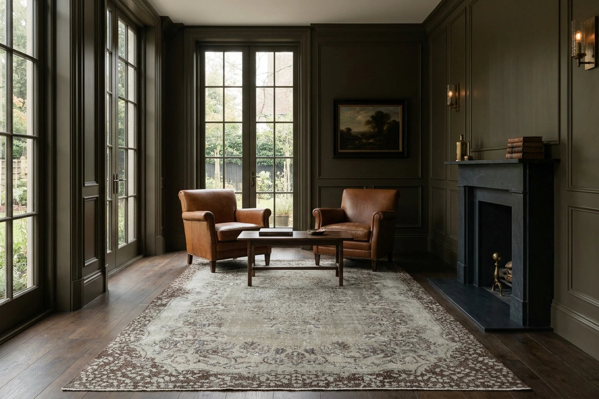 Gray Turkish rug in a conservatory