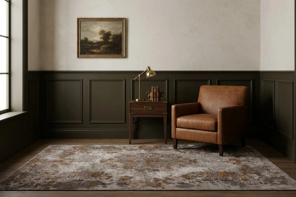 Gray Turkish rug in a styled room