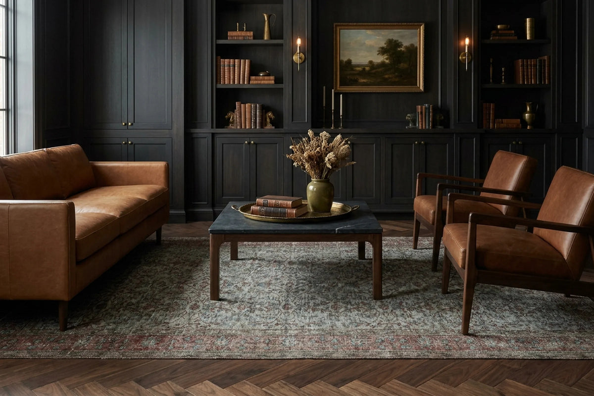Gray Turkish rug in a styled room