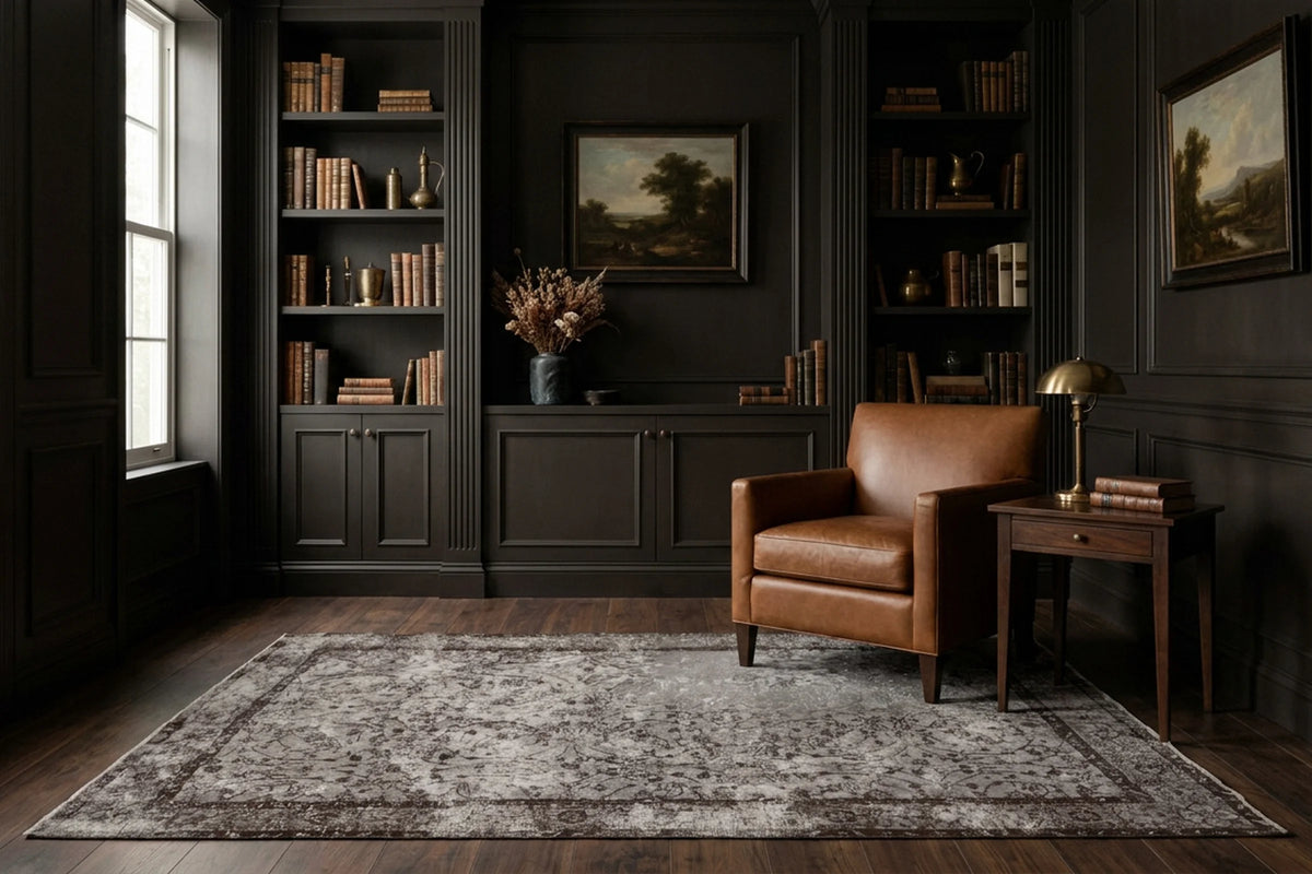 Gray Turkish rug in a styled room