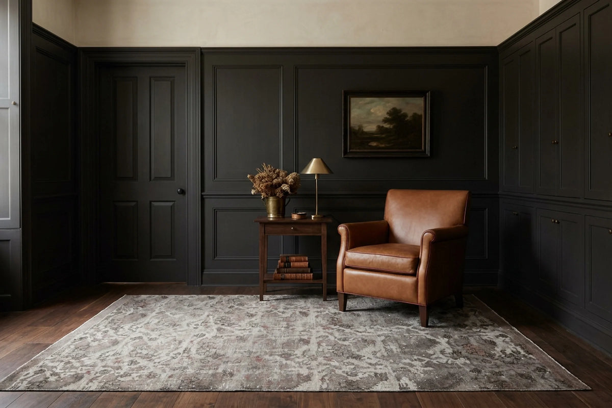 Gray Turkish rug in a styled room