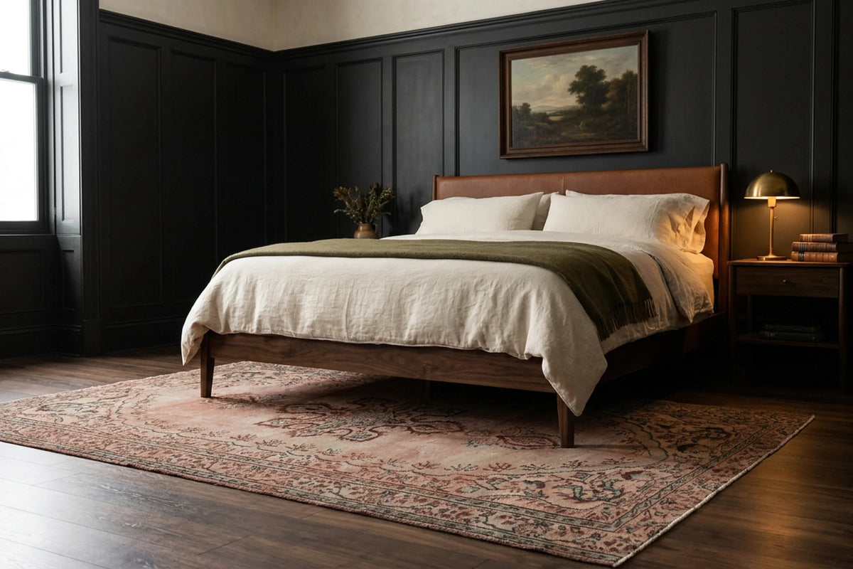 Gray Turkish rug in a bedroom