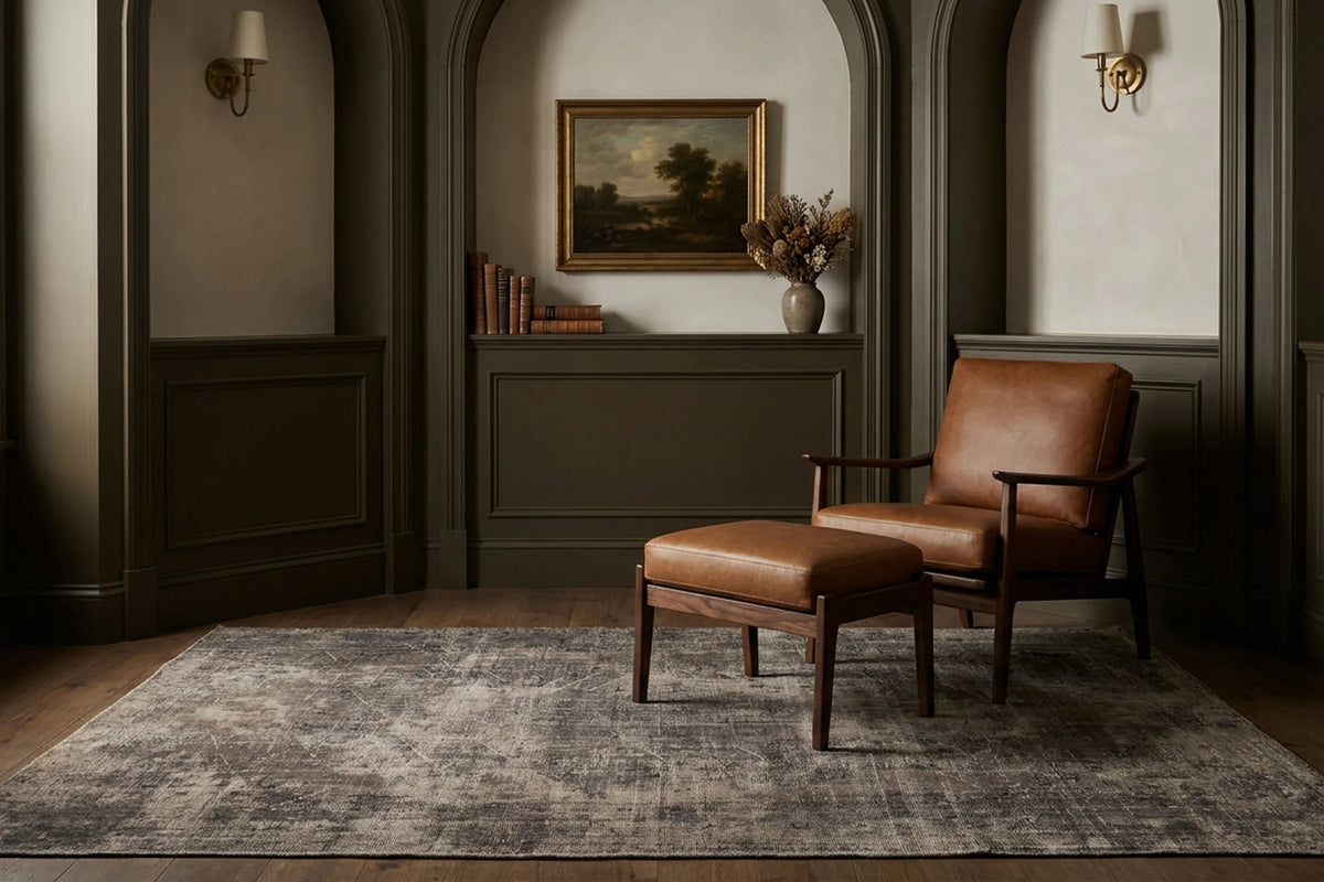 Gray Turkish rug in a styled room